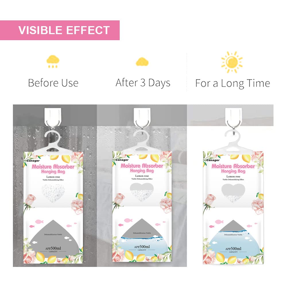 Canager Hanging Moisture Absorber, Lemon Rose Moistureproof Hanging Bag,Dehumidifier Bag (8 Packs) Hanging Closet Dehumidifier B