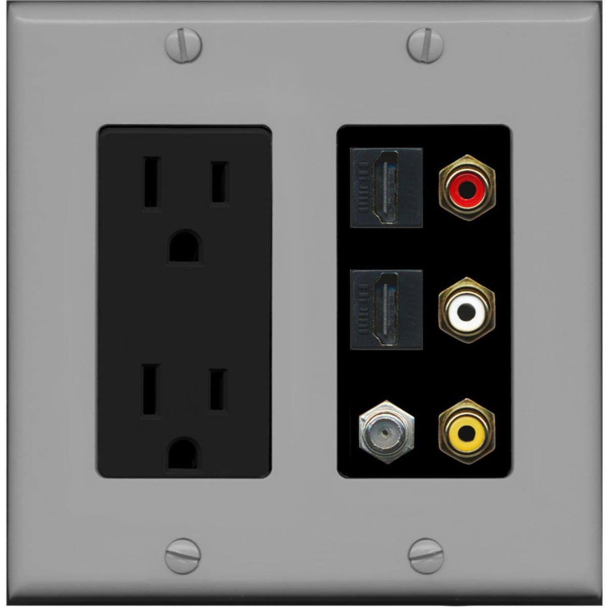 Riteav   2 X 15 Amp 125V Power Outlet 3 X Rca   2 X Hdmi And 1 X Coax Cable Tv Port Wall Plate   Gray/Black