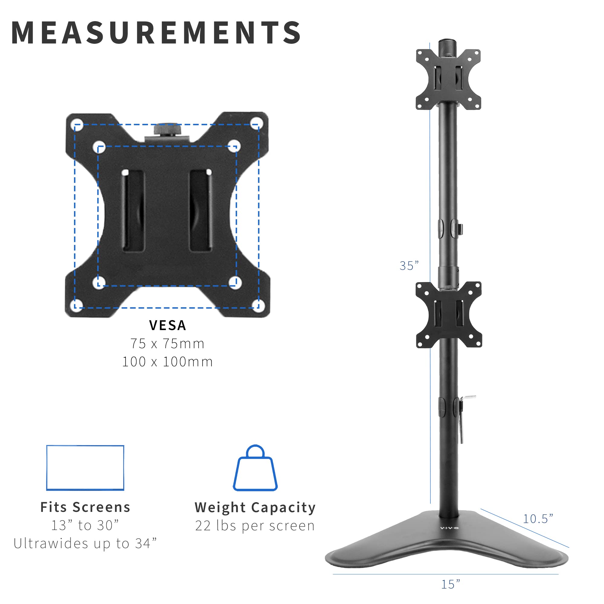 VIVO Dual Monitor Desk Stand Free Standing LCD Mount, Holds in Stacked Vertical Position 2 Ultrawide Screens up to 34 inches, Black, STAND V002L