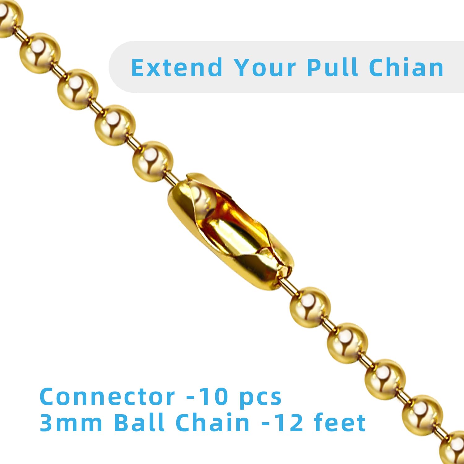 Ceiling Fan Pull Chain Extender, 12Feet 3Mm Diameter Beaded Ball Fan Light Extension Pull Chain With 10 Matching Connectors(Gold