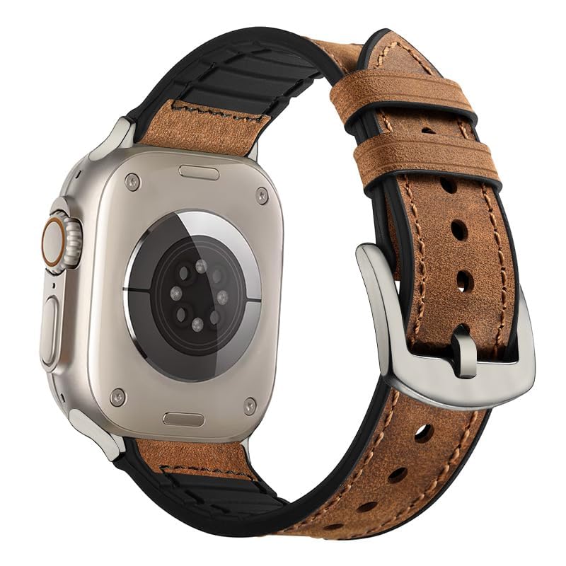 Ouheng Compatible With Apple Watch Band 49Mm/46Mm/45Mm/44Mm/42Mm, Sweatproof Leather And Rubber Hybrid Band For Iwatch Ultra 2/1