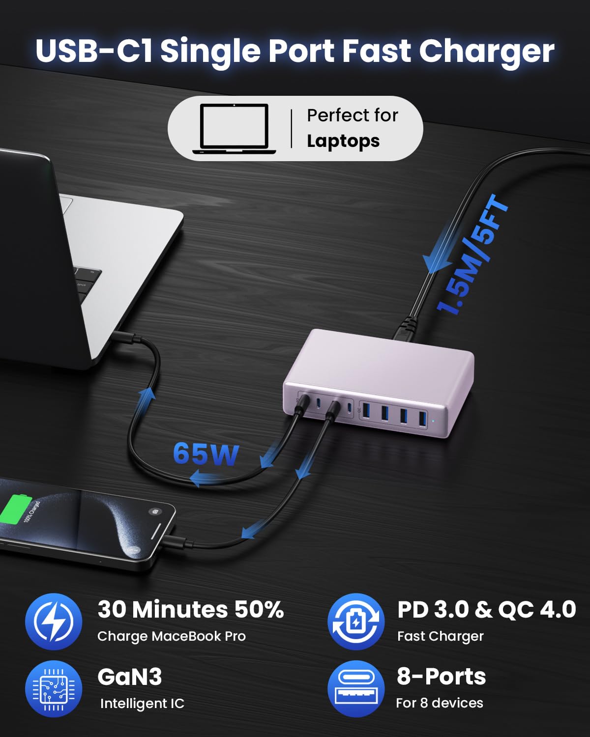 Usb C Charger 200W,Gan Iii 8 Ports Usb C Charger Block,Qc4.0 Fast Phone Charging Station Hub+Pd 65W Usb C Laptop Charger Adapter