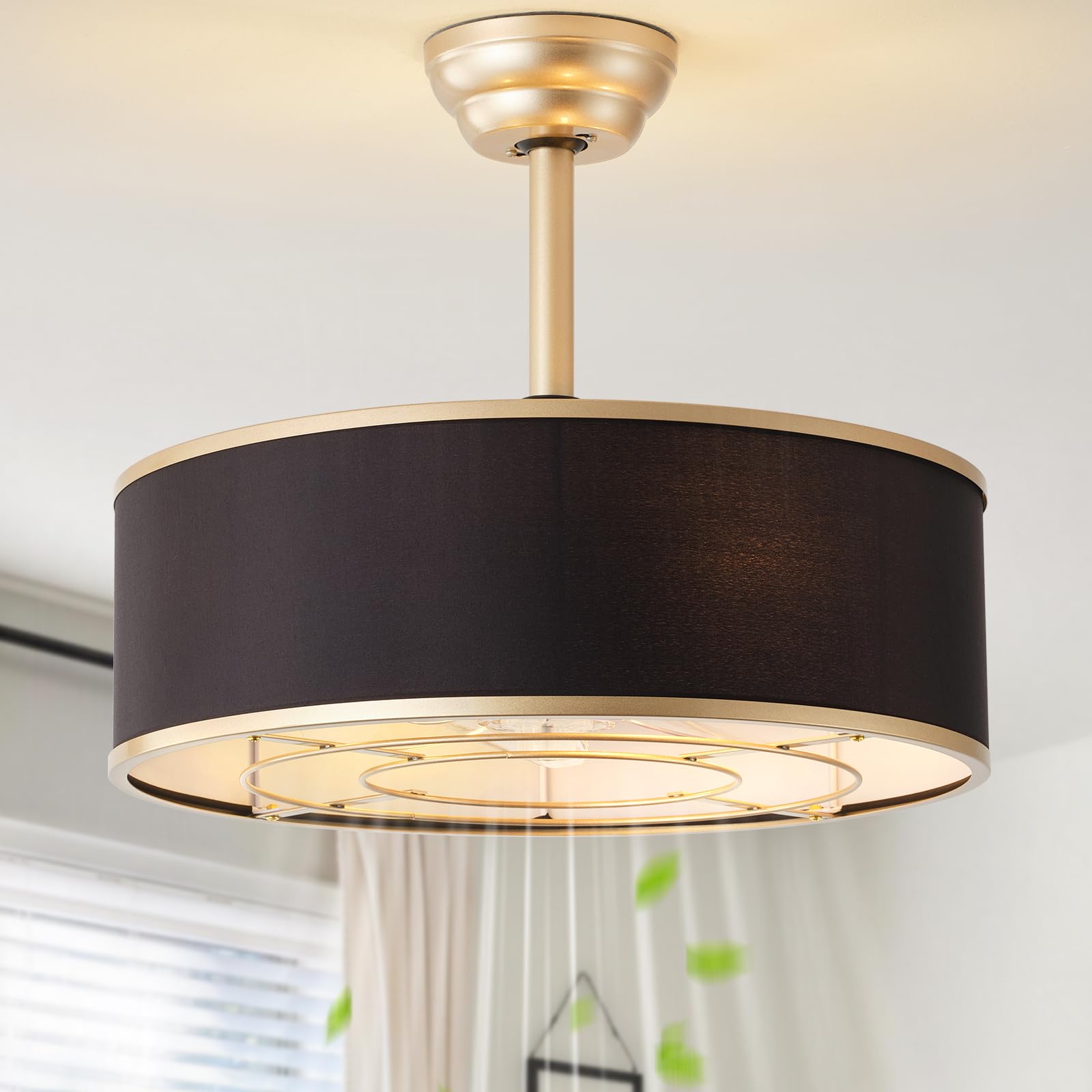 Tuirmhais 20 Black and Gold Caged Boho Fandelier Ceiling Fan with Light & Remote Control - Bladeless Chandelier Fan, 6 Speed Qui