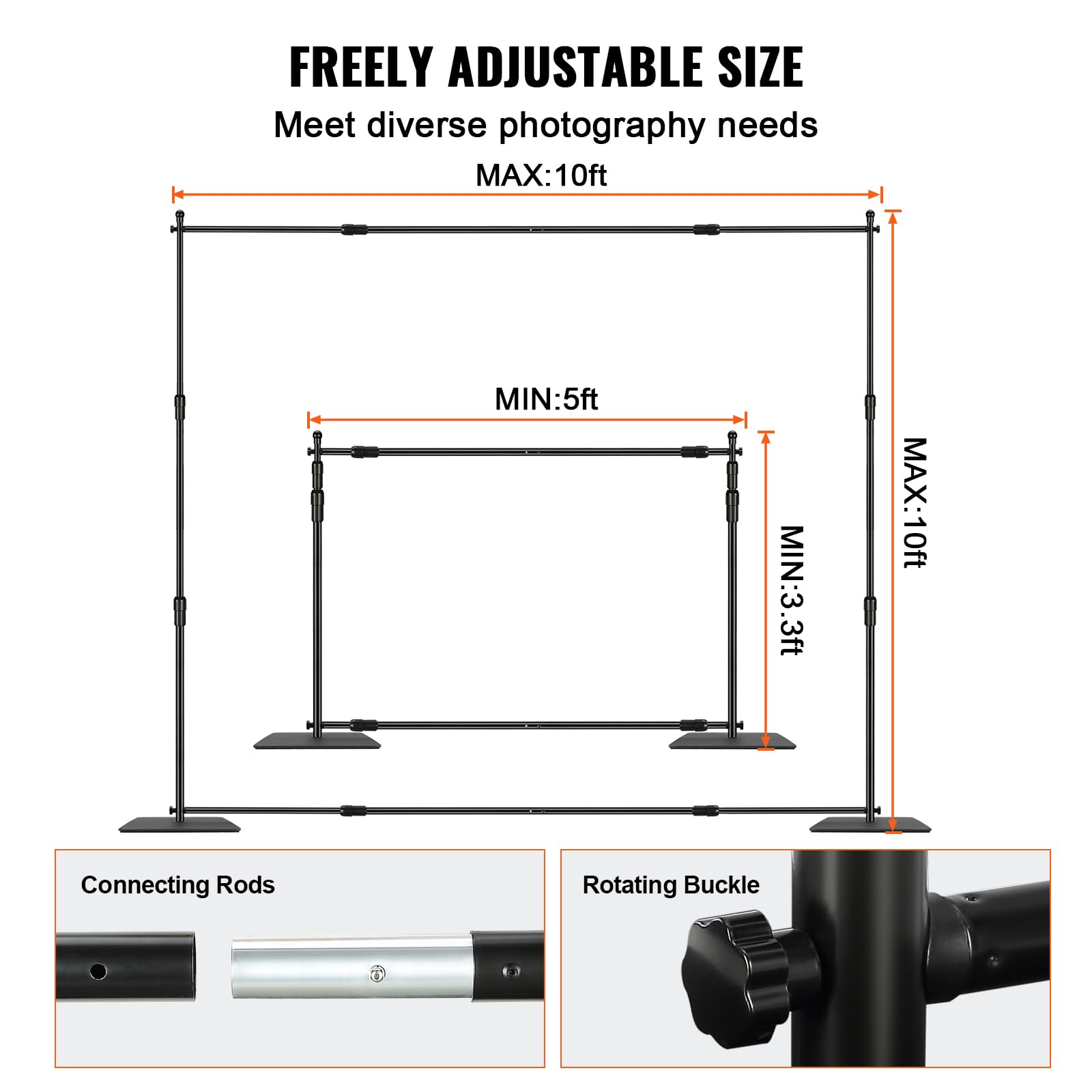 Vevor 10Ft X10Ft Pipe And Drape Kit, Heavy Duty Backdrop Stand With Carbon Steel Base, Adjustable Backdrop Support With 2 Clamps