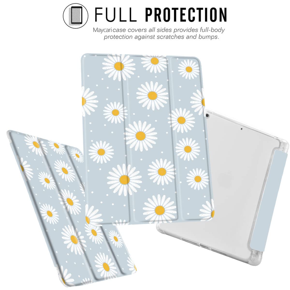 Maycari White Daisy Case For Ipad 9.7 Inch 2017/2018 With Pencil Holder, Cute Ipad 5Th/6Th Generation Protective Case With Soft