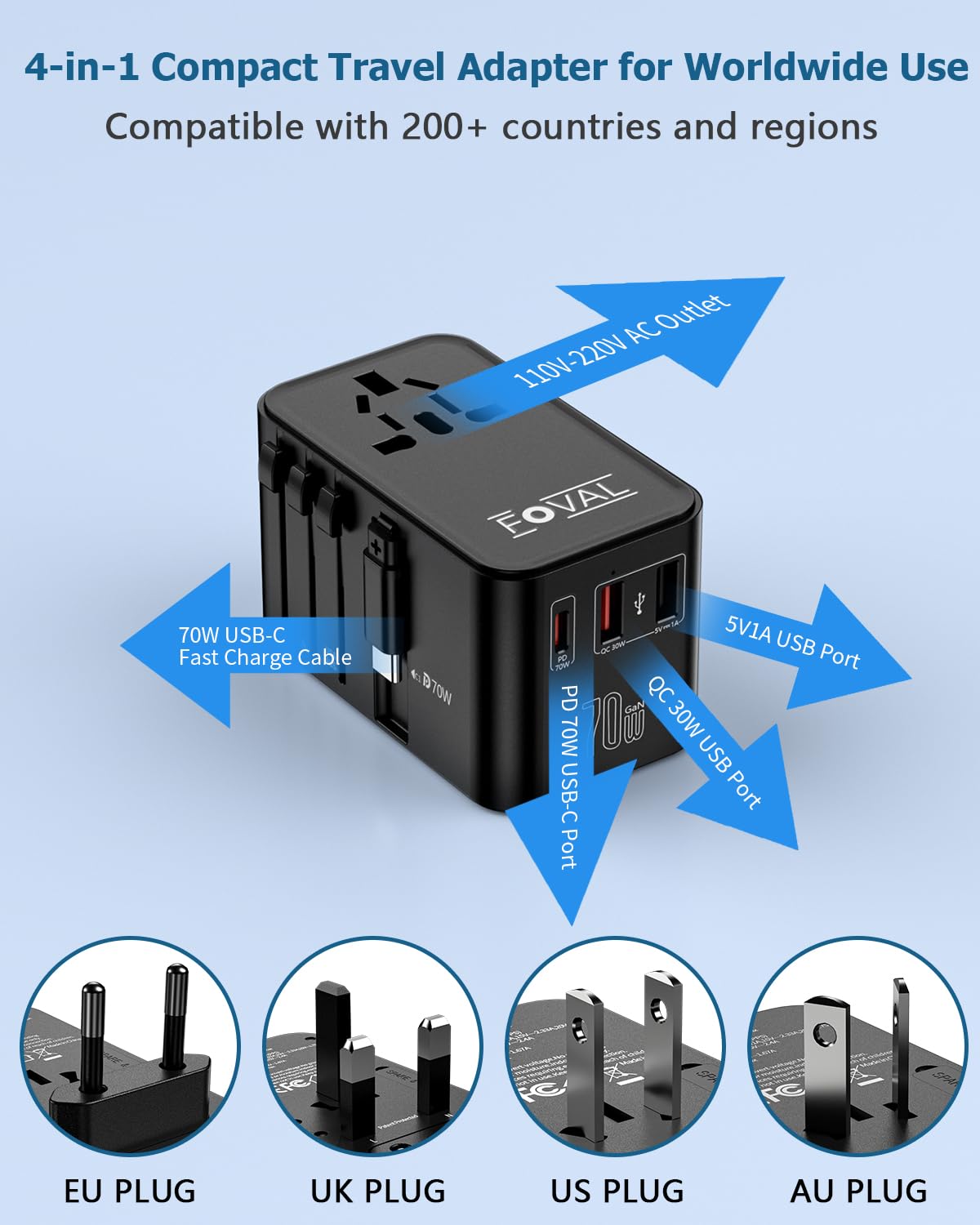 Foval Universal Travel Adapter, 70W Fast Gan International Power Adapter With Retractable Usb C Cable, Usb C &2 Usb A Qc Ports,