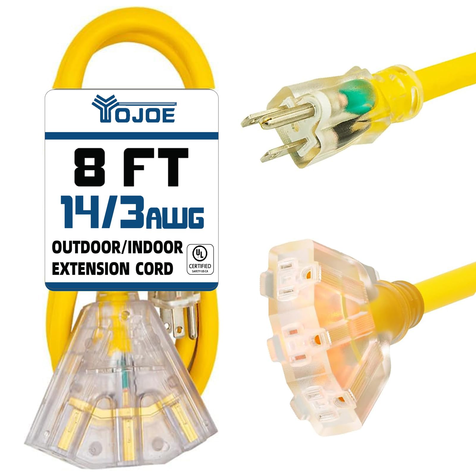Yojoe 3 Outlets Indoor Outdoor Extension Cord With Lighted End, 3 Prong 15A Weatherproof Power Cord, 14 Gauge Heavy Duty 8 Ft Ye