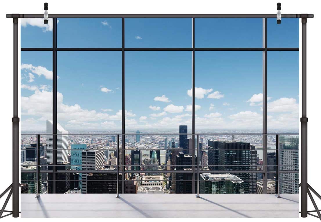 Lywygg 7X5Ft Office Room Backdrop City Vinyl Backdrops Business Street View Skyscraper French Sash Blue Sky White Cloud Sunshine