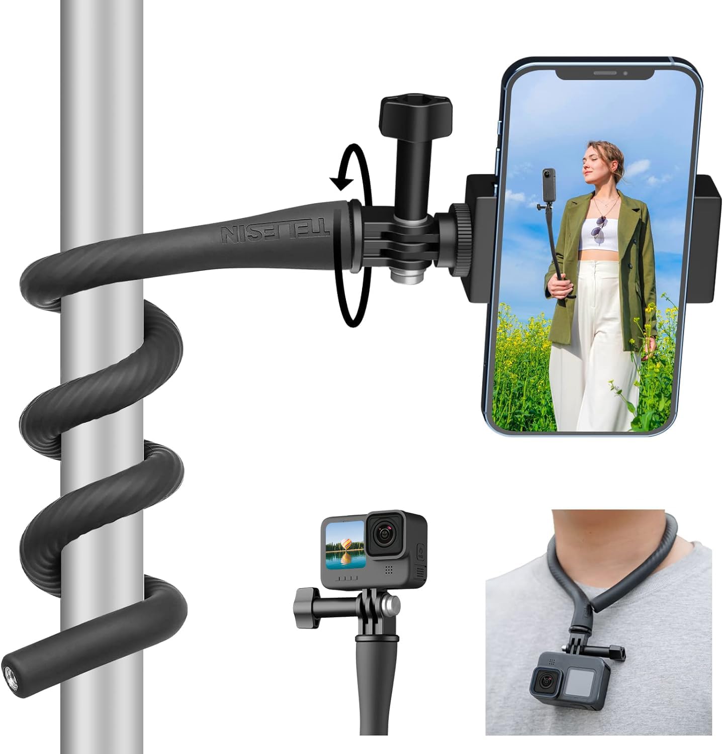Telesin Flexible Mount Clamp Camera Tripod Stand Stick Pole For Gopro Insta360 Iphone, Neck Holder Bike Motorcycle Tube Bar Attach Accessories For Go Pro Max Hero 12 11 10 9 8 Insta 360 Dji Action 3 4