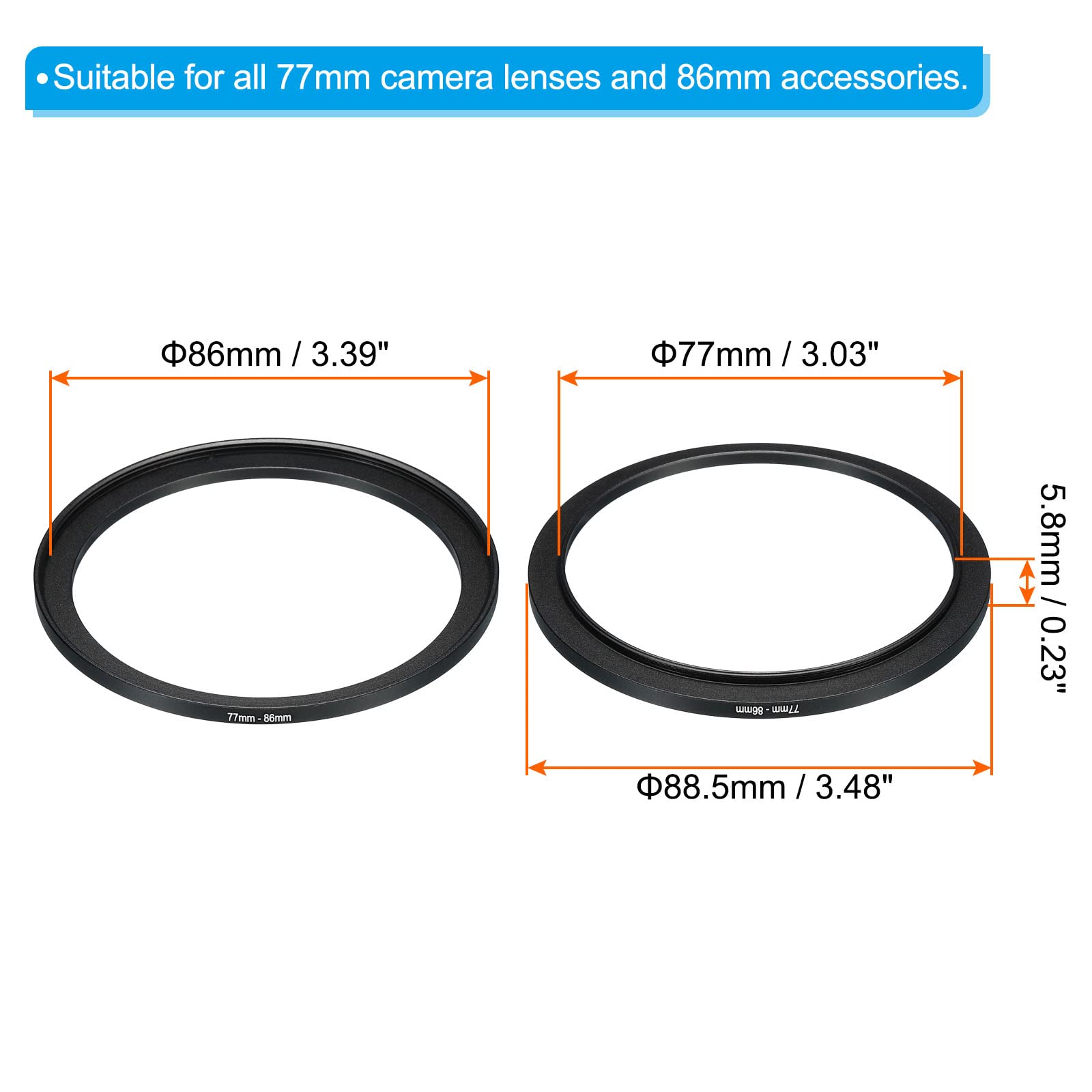 Patikil 77Mm 86Mm Metal Step Up Ring, Camera Lens Filter Adapter Ring Aluminum Filter Adapter Ring For Camera Lenses Hood, Black