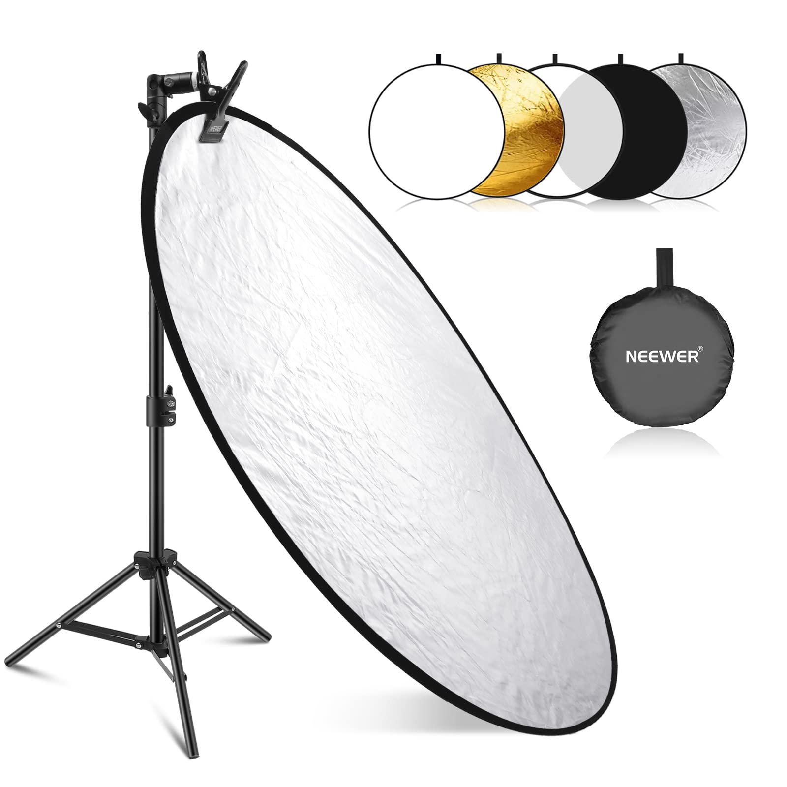 Neewer 43''/110Cm Light Reflector Kit, 5 In 1 Collapsible Round Reflector (Translucent/Silver/Gold/White/Black), Metal Clamp And