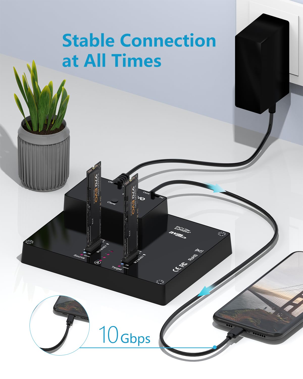 Maiwo K3015P Portable Dual Bay M.2 Nvme Docking Station, Tool Free Type C10Gbps Nvme Ssd External Enclosure, With Offline Clone Duplicator And System Copy Function.