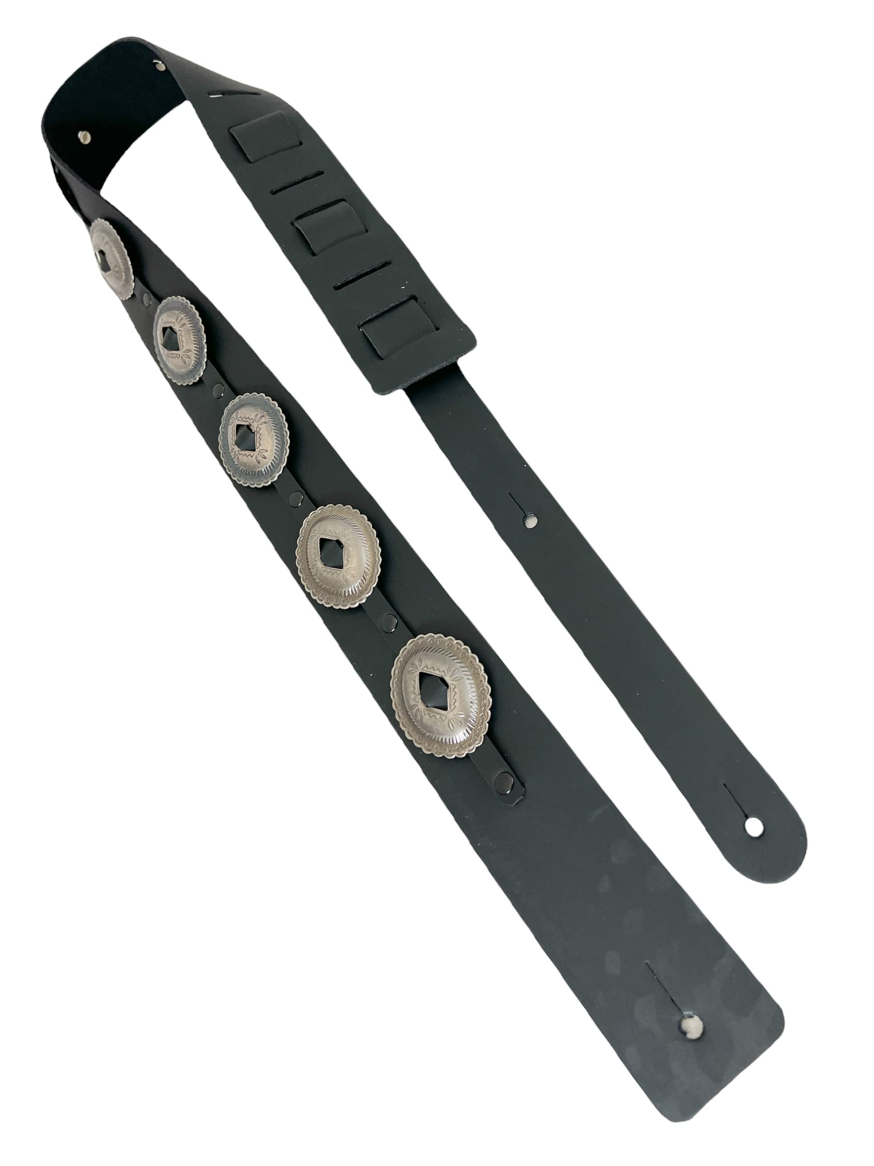 Concho Guitar Strap Genuine Leather Oval Large Conch Nail head Rivet Bass Acoustic Electric Guitar, Antique Silver, One Size