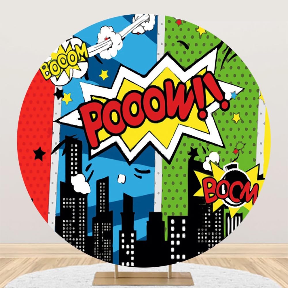 Renaiss 7X7Ft Superhero Round Backdrop For Photoshoot Boy Girl Portrait Cityscape Skyscraper American Comic Circle Photography B