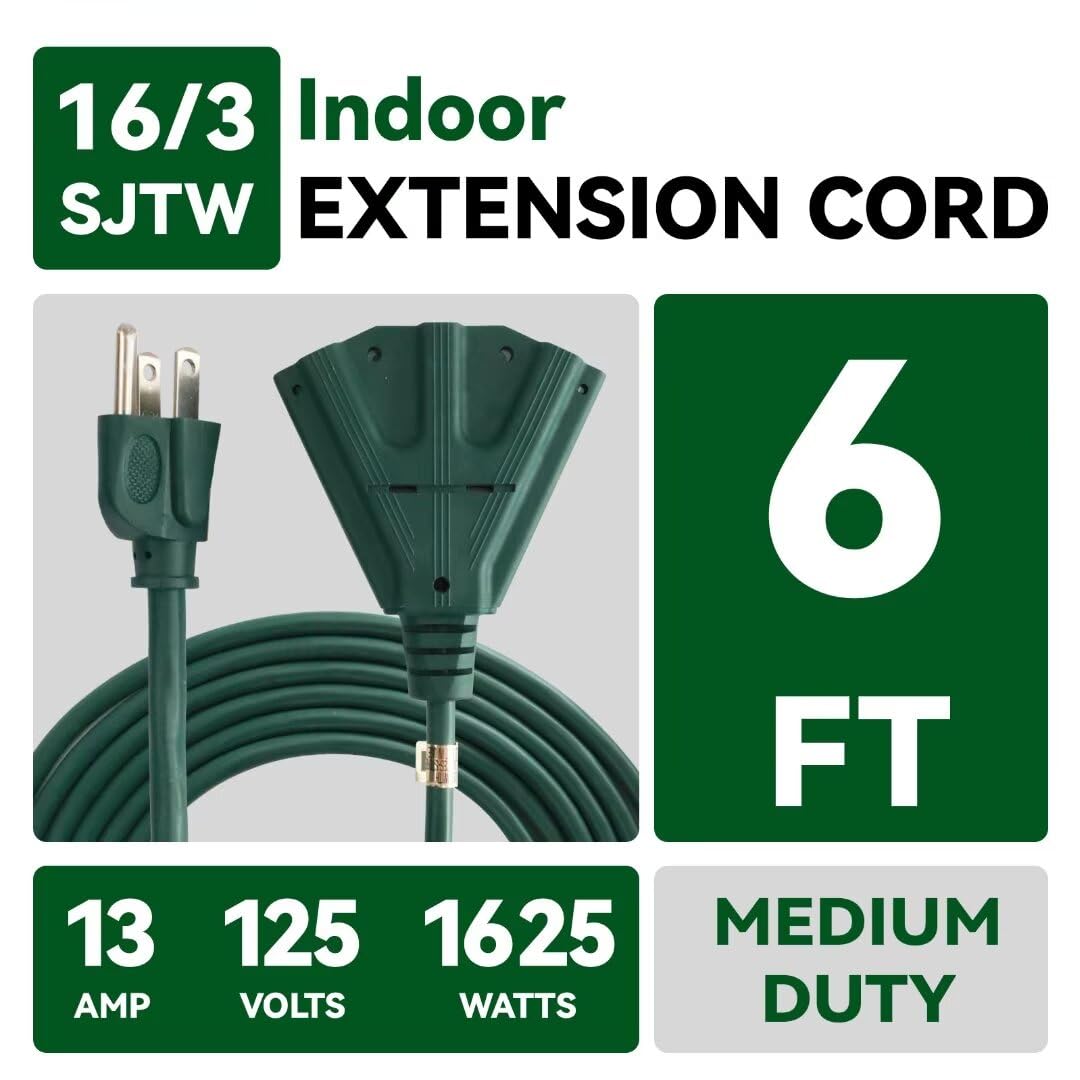 Greatide 6 Ft Outdoor Extension Cord With 3 Electrical Power Outlets   16/3 Sjtw Green Cable With 3 Prong Grounded Plug