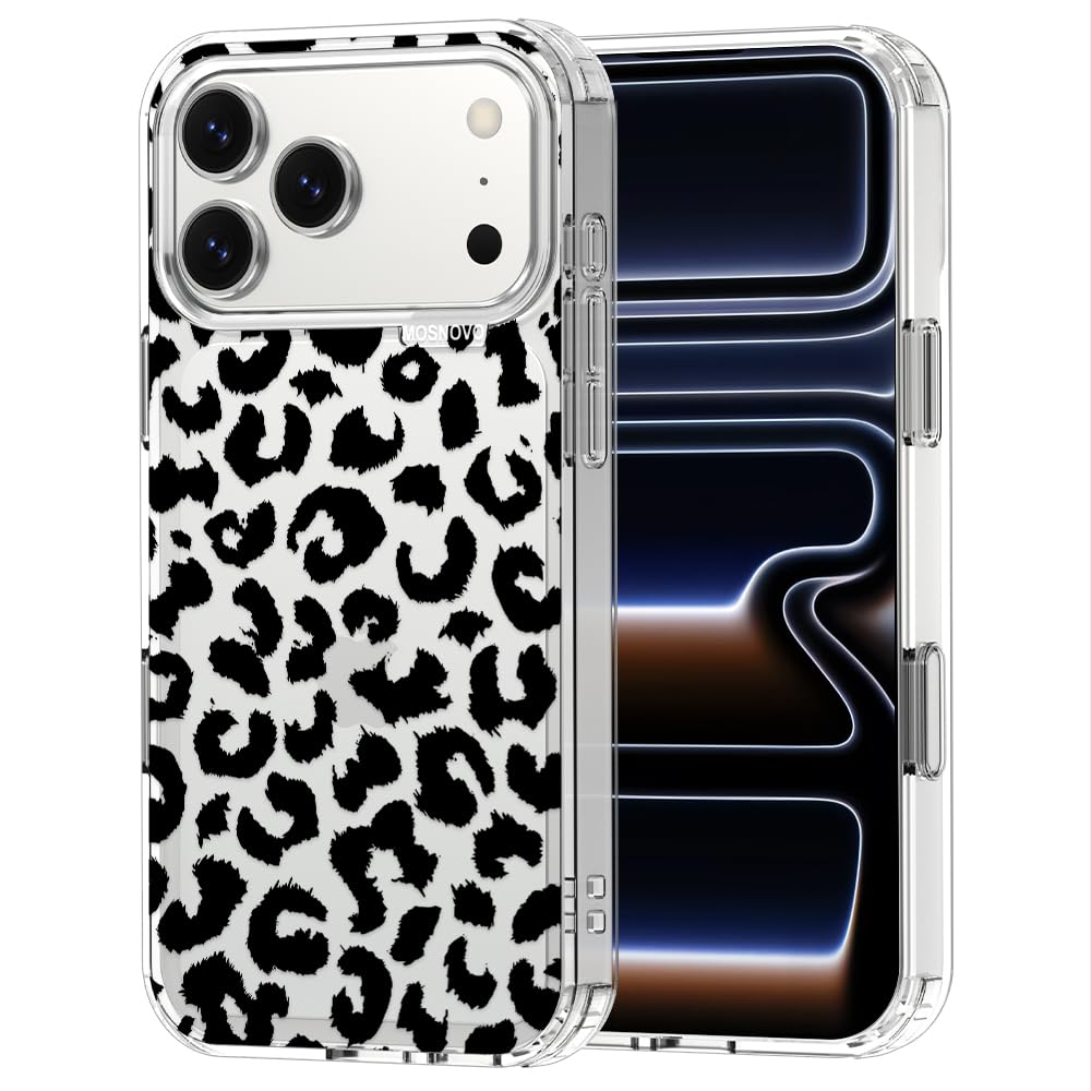 MOSNOVO for iPhone 17 Pro Max Case | Military Grade 6.6ft Drop Tested | Camera Control | Clear with Black Leopard Print Design
