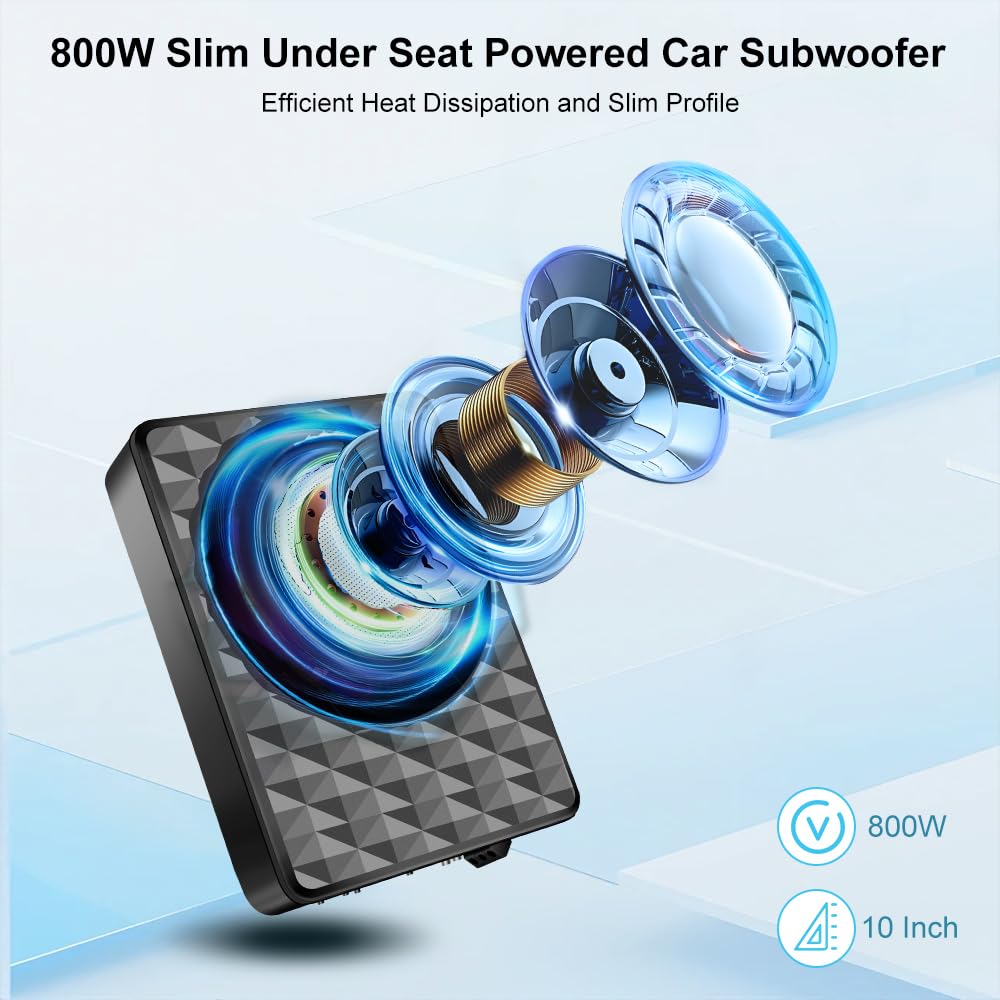 10 Inch 800W Slim Under Seat Car Subwoofer With Built-In Amplifier | High/Low Level Inputs | Remote Bass Control | For Car & Tru