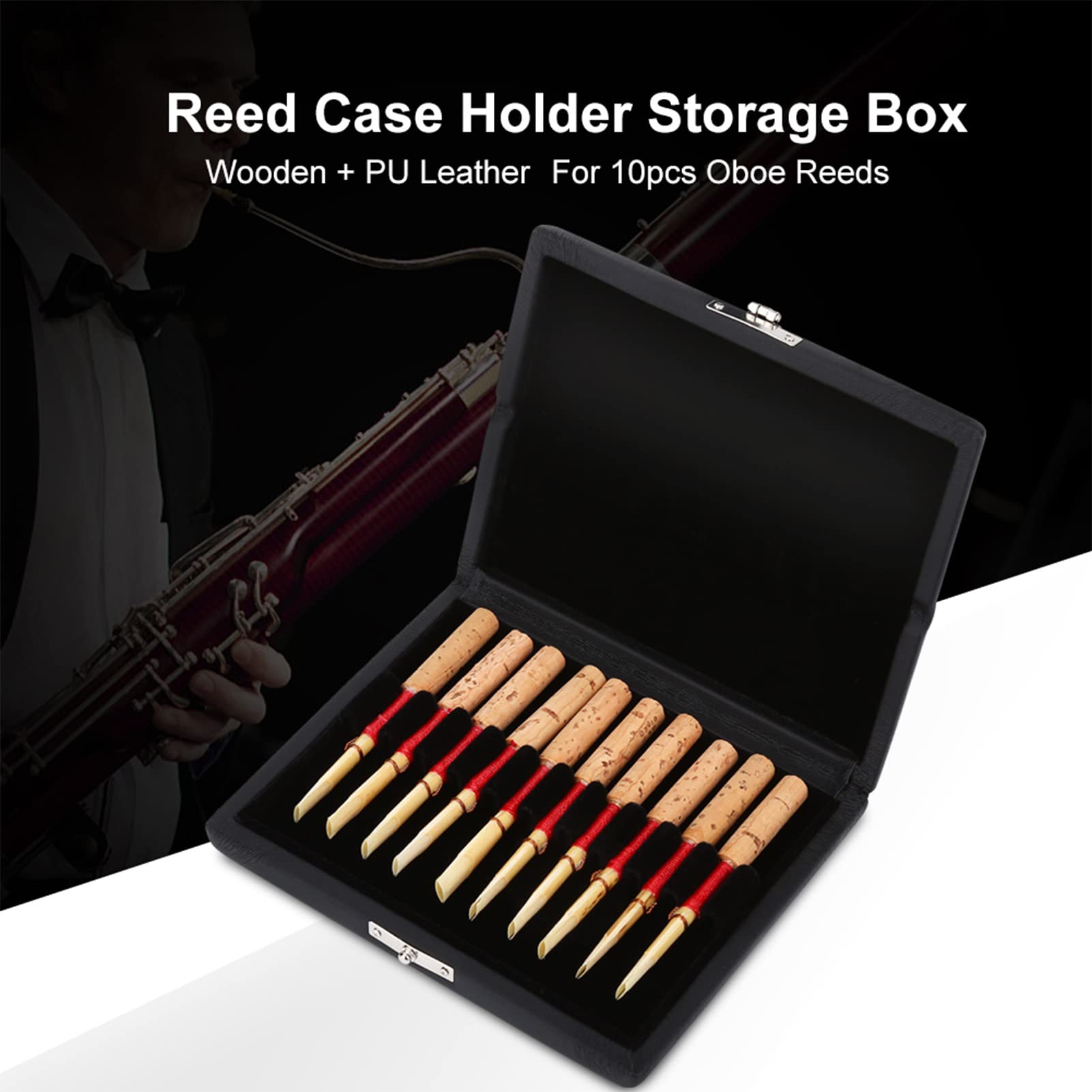 Oboe Reed Case, Black Wood + Pu Leather Reed Case With Slot Design, 4.52X3.74X0.78Inch Oboe Case For Storing And Protecting Oboe