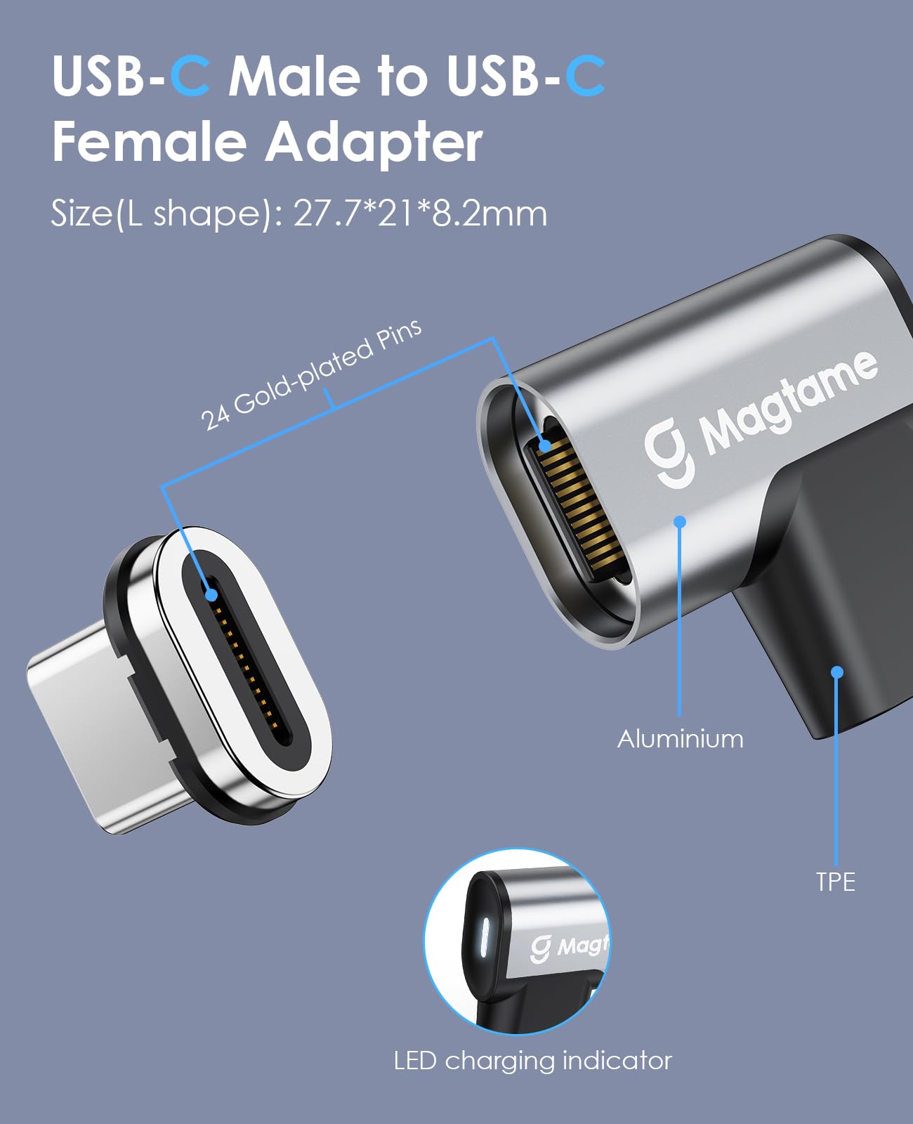 Magtame Magnetic 90 Degree Usb C Male To Usb C Female Adapter, 240W Right Angle 20Gbps Data Transfer 4K Video Output Compatible