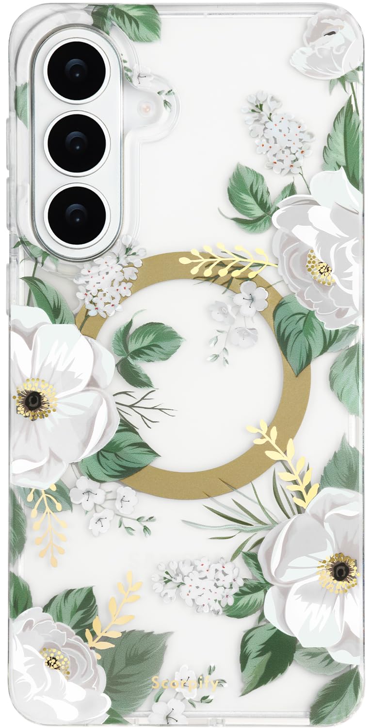 SCORPIFY Compatible with Samsung Galaxy S26 Case [Compatible with MagSafe] with White Rose Floral Design, Cute Clear Flower Magn
