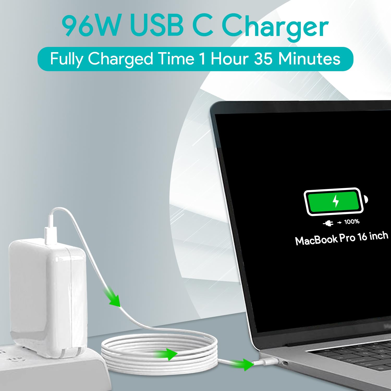 Mac Book Pro Charger   96W Usb C Charger Fast Charger For Usb C Port Macbook Pro & Macbook Air, Ipad Pro, Samsung Galaxy And All