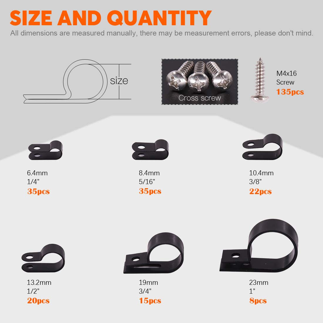 Rustark 135 Pcs 6 Size Black Nylon R Type Cable Clamp Clips Fasteners Assortment Kit With Mounting Screw And 135 Pcs Screws Orga
