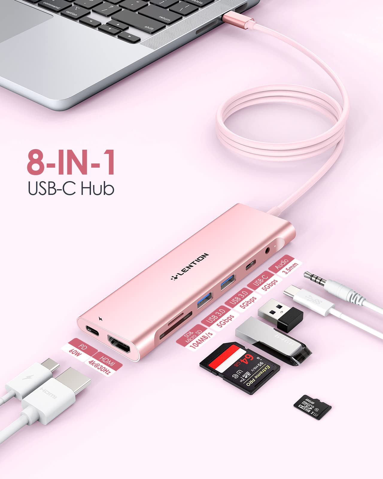 Lention 3.3Ft Long Cable Usb C Hub With 4K Hdmi, 2 Usb 3.0, Card Reader, Aux, Type C Data/Charging Compatible 2023 2016 Macbook