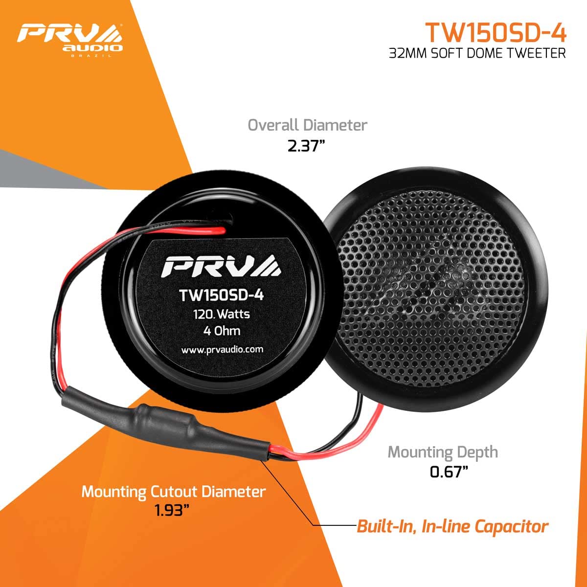 Prv Audio Soft Dome Tweeters 240 Watts 4 Ohm Tw150Sd 4 With Built In Crossover, 32 Mm Silk Dome, Neodymium Magnet For Car Audio And Motorcycle Systems Easy Flush Mount (Pair)