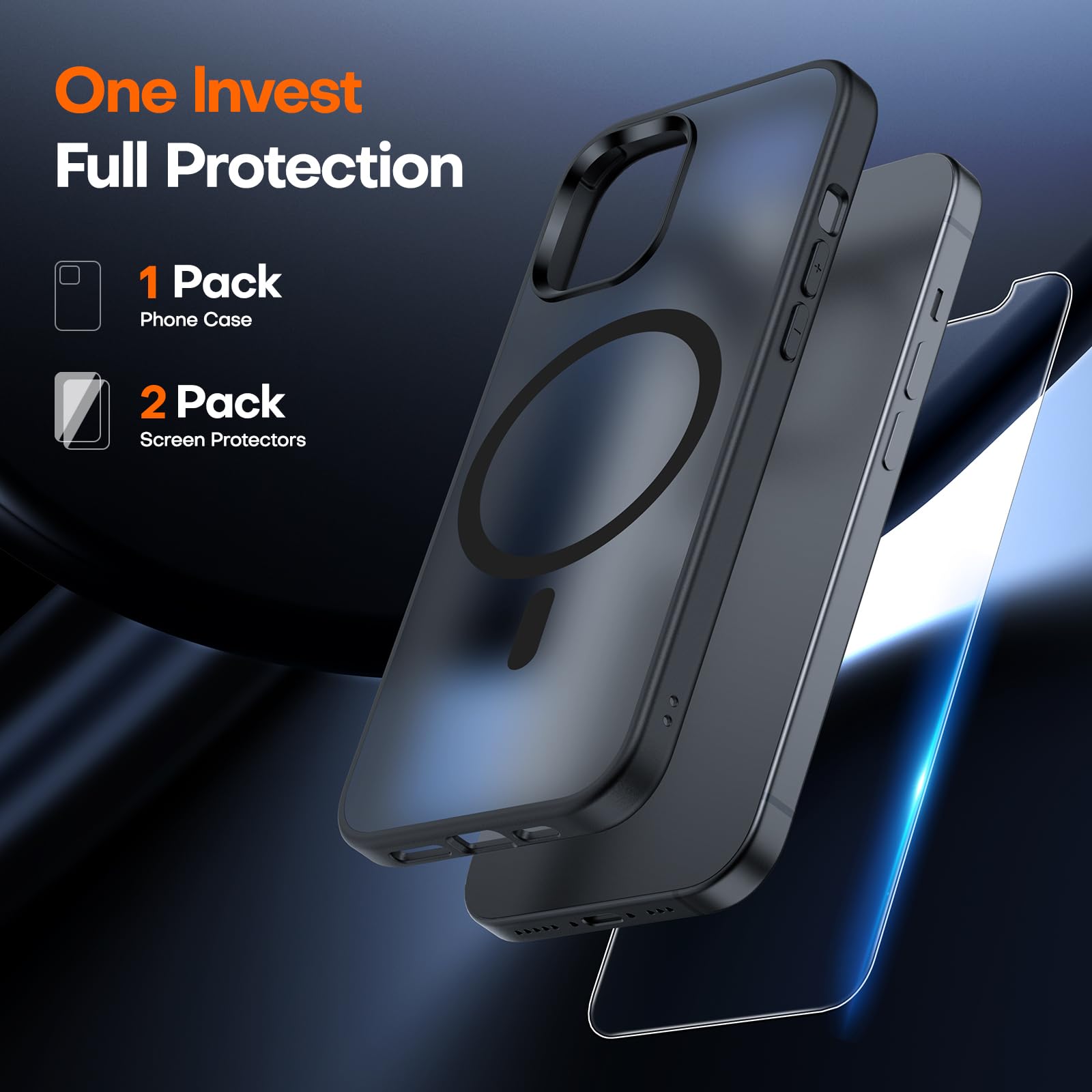 Tauri 3 In 1 Magnetic For Iphone 13 Pro Case Matte Black, With 2X Hd Screen Protector, 12 Ft Drop Protection, Compatible With Ma