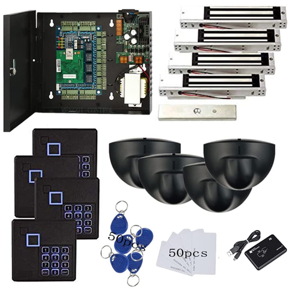Mengqi Control Request To Exit Pir Motion Sensor 4 Doors Access Control Electronmagnetic 600 Lbs Magnetic Lock 110 240V Power Supply Box Rfid Keypad Reader Keyfobs/Cards(Phone App Remotely Open Door)