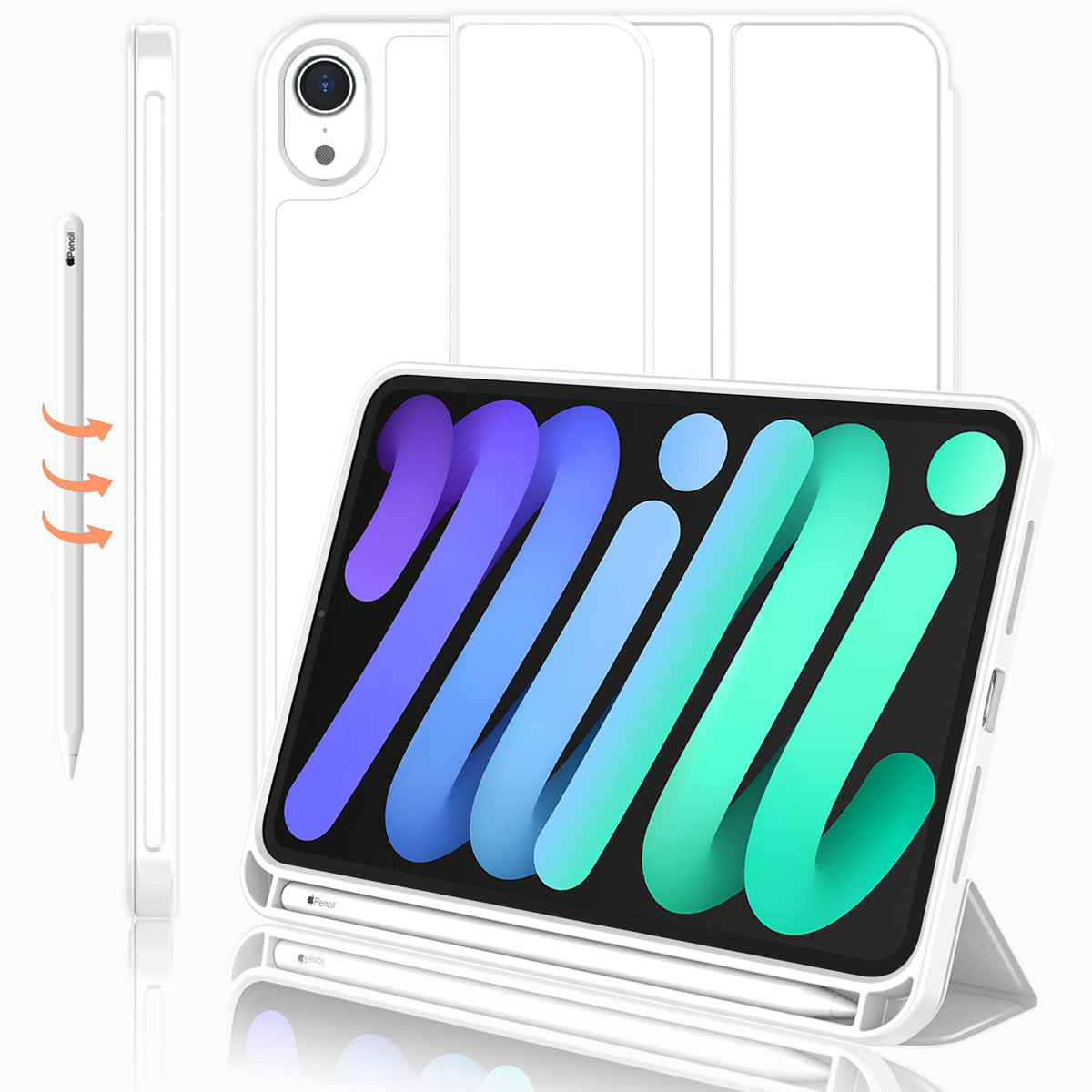 Imieet Ipad Mini 7 Case 2024 (A17 Pro), Ipad Mini 6 Case (8.3 Inch,2021 Model), Ipad Mini 7Th/6Th Generation Case With Pencil Holder, Trifold Stand Smart Case With Soft Tpu Back,White