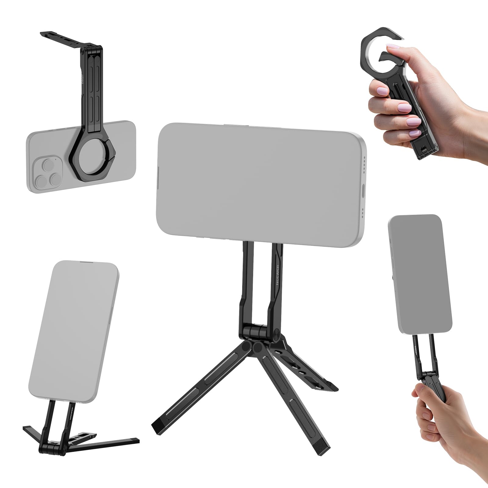 NEEWER Magnetic Phone Tripod Stand, Metal Lightweight Portable Cell Phone Holder Desk Mount Selfie Stick Grip Carabiner Style Qu