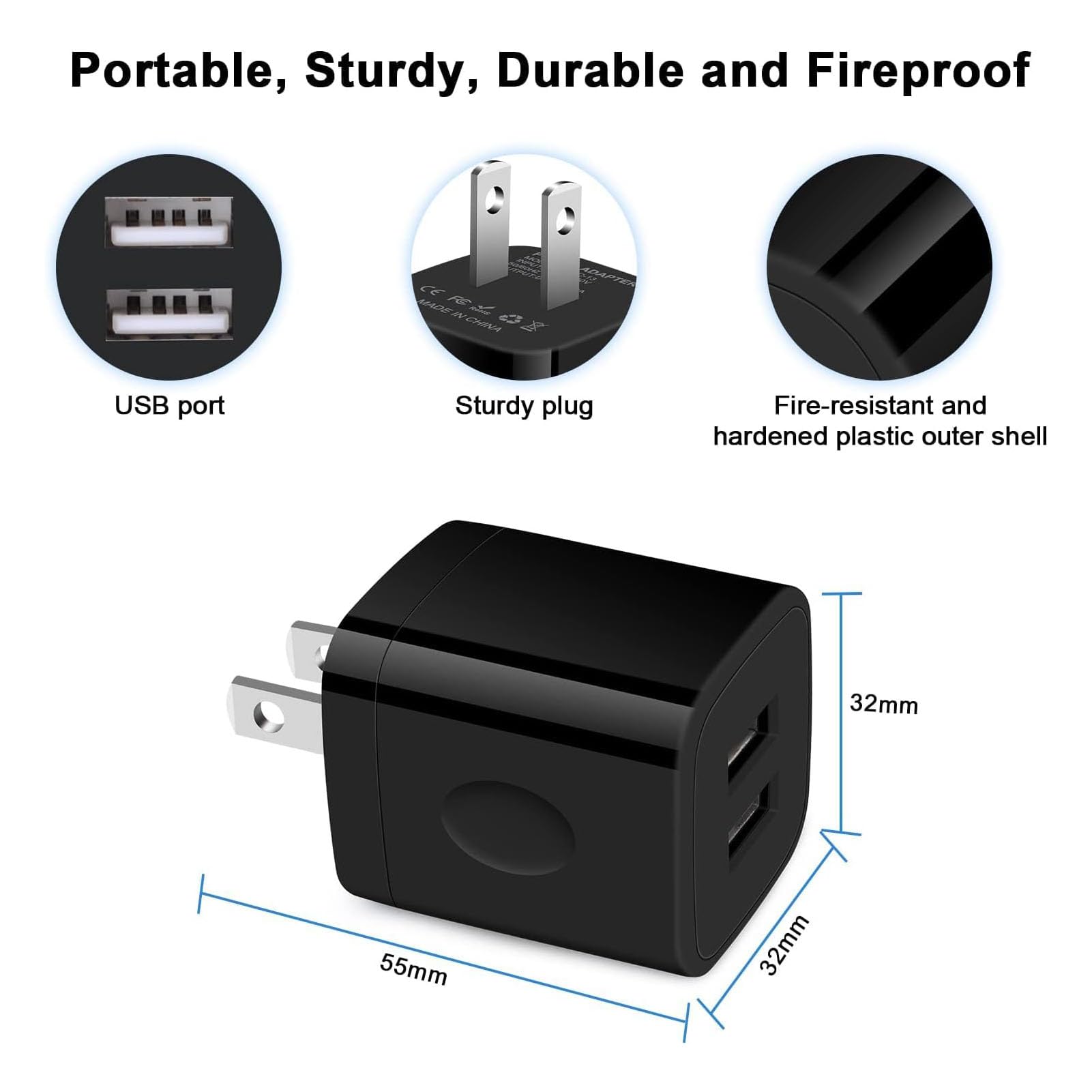 Black Usb Wall Adapter, Charging Block, 3Pack Dual Port 2.1A Fast Wall Charger Brick Base Cube Usb Plug Outlet Phone Charger Box