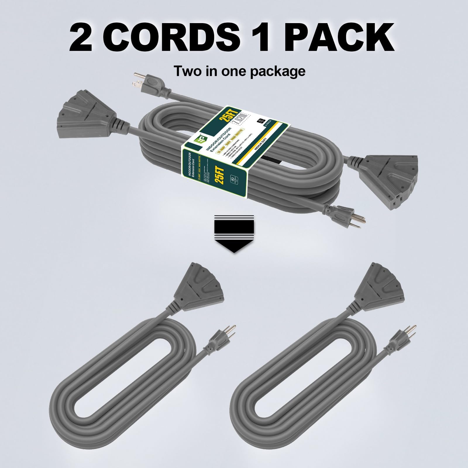Ep 2 Pack 25 Ft Outdoor Extension Cord With 3 Electrical Power Outlets   16/3 Sjtw Grey Cable With 3 Prong Grounded Plug For Saf