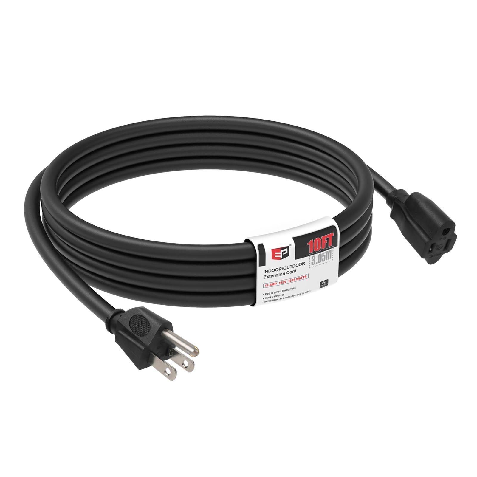 Ep 10Ft Black Outdoor Extension Cord, 16/3 Sjtw Heavy Duty Waterproof, 3 Prong Grounded Plug, 13A 1625W 16Awg, Cold Resistant Fl