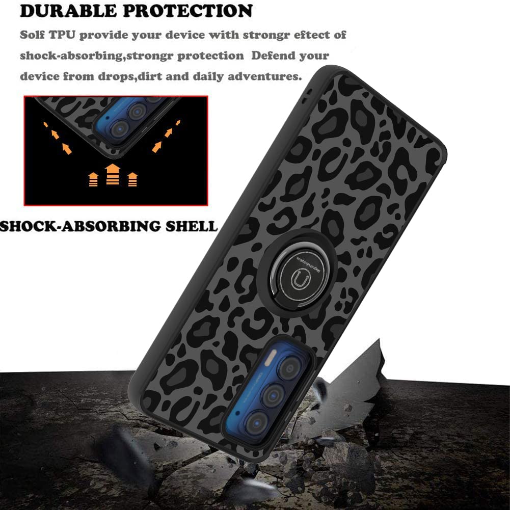 KANGHAR Moto Edge 2021 Leopard Phone Case Shockproof TPU PC Kickstand Ring Holder Black