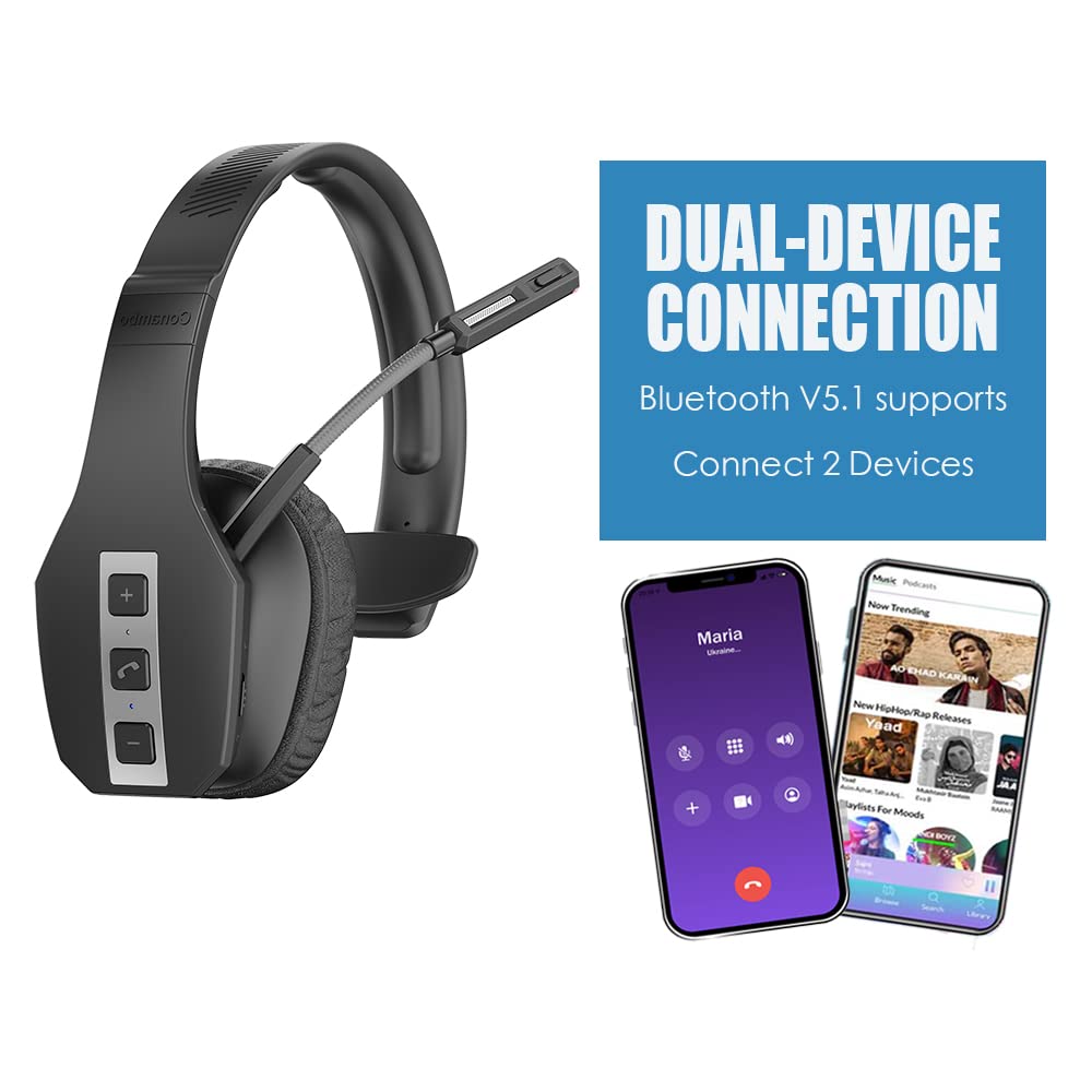 Conambo Bluetooth Headset, CVC 8.0 Noise Cancelling, 35Hrs Talktime, Wireless Handsfree, Large, Black, Mute Button for Drivers & Office