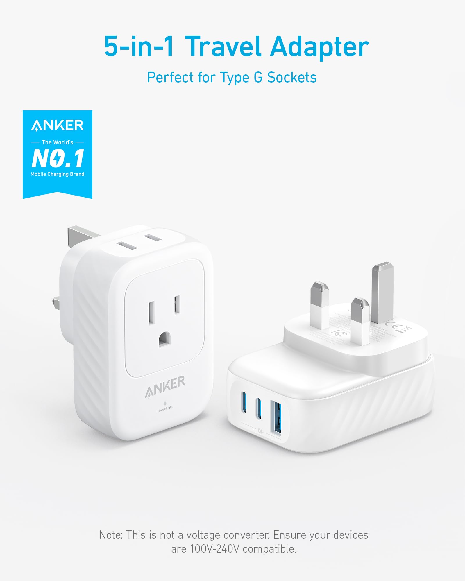Anker Usa To Uk International Plug Adapter, Travel Adapter, 15W Max With 2 Ac, 2 Usb C, And 1 Usb A Port, Ideal For Iphone 15, I