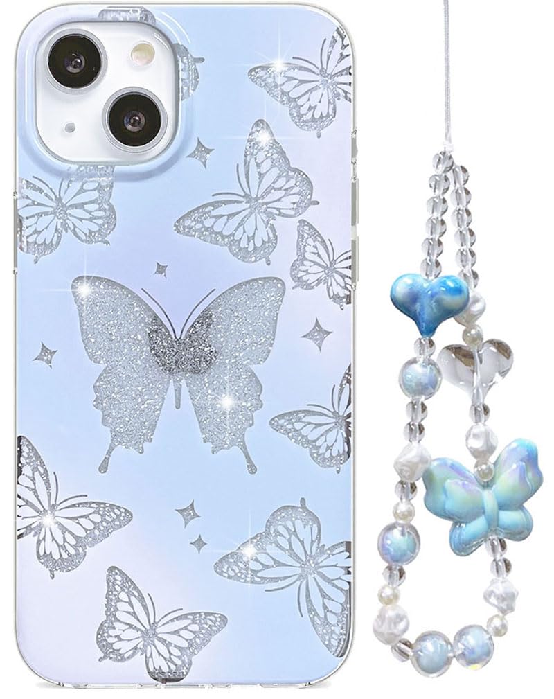 Abbery for iPhone 13/14/15 Case Clear Glitter Butterfly Sparkle Design wtih Wrist Strap Bracelet Cute Bling Aesthetic Girly Wome