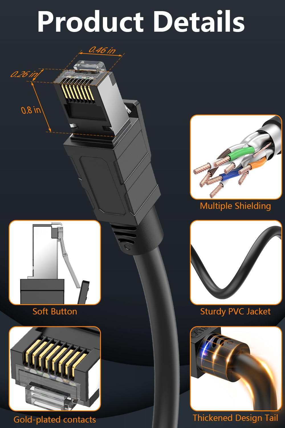 Qiuean Cat 8 Ethernet Cable 1.5Ft, High Speed Internet Cable & Lan Cable, 40Gbps 2000Mhz Rj45 Shielded Patch Cord, Indoor&Outdoor Weatherproof S/Ftp Uv Resistant For Ps5, Pc, Router, Modem, Gaming