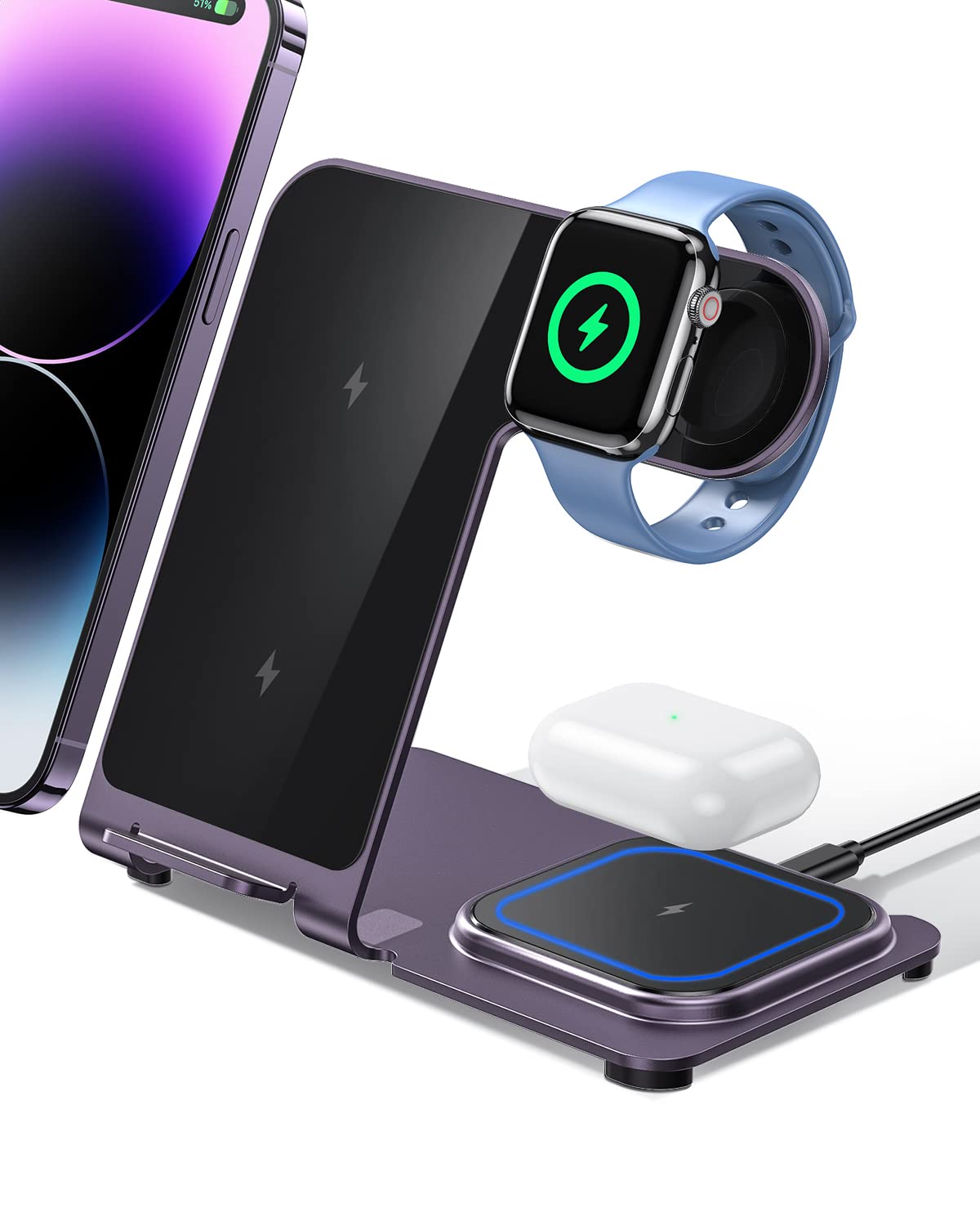 Intoval Charging Station For Apple Iphone/Watch/Airpods, 3 In 1 Wireless Charger For Iphone 15/14/13/12/11/Xs/Xr/Xs/X/8, Iwatch