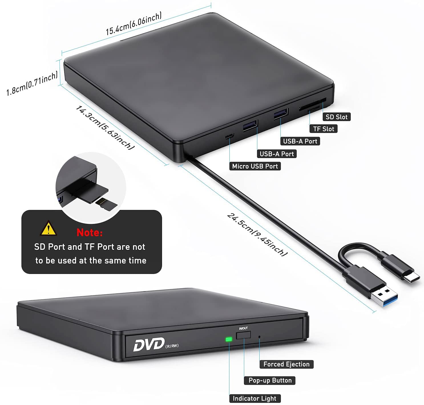 Intendvision External Cd Dvd Drive Usb 3.0 Type C Cd Rw Dvd R Combo Burner With Sd/Tf Slot, 2 Usb 2.0 Port For Pc Laptop Compute