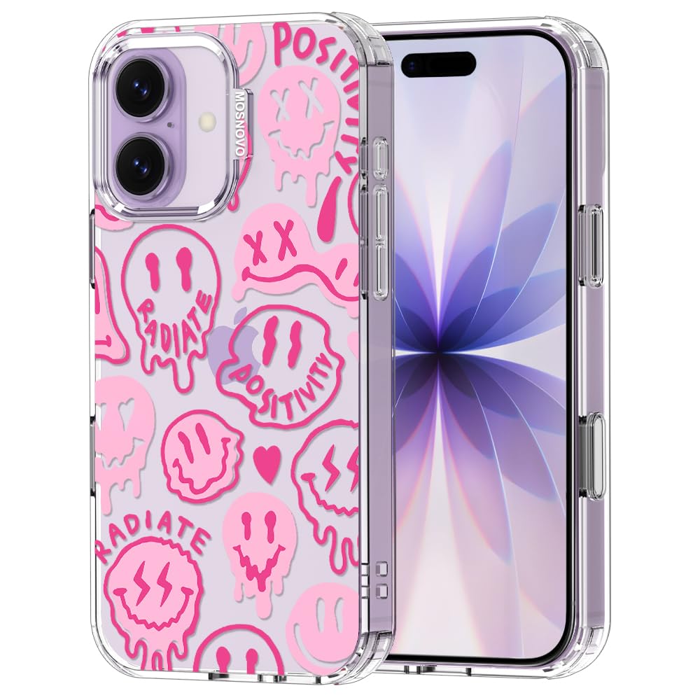 MOSNOVO for iPhone 17 Case | Military Grade 6.6ft Drop Tested | Camera Control | Clear with Pink Dripping Smiles Design