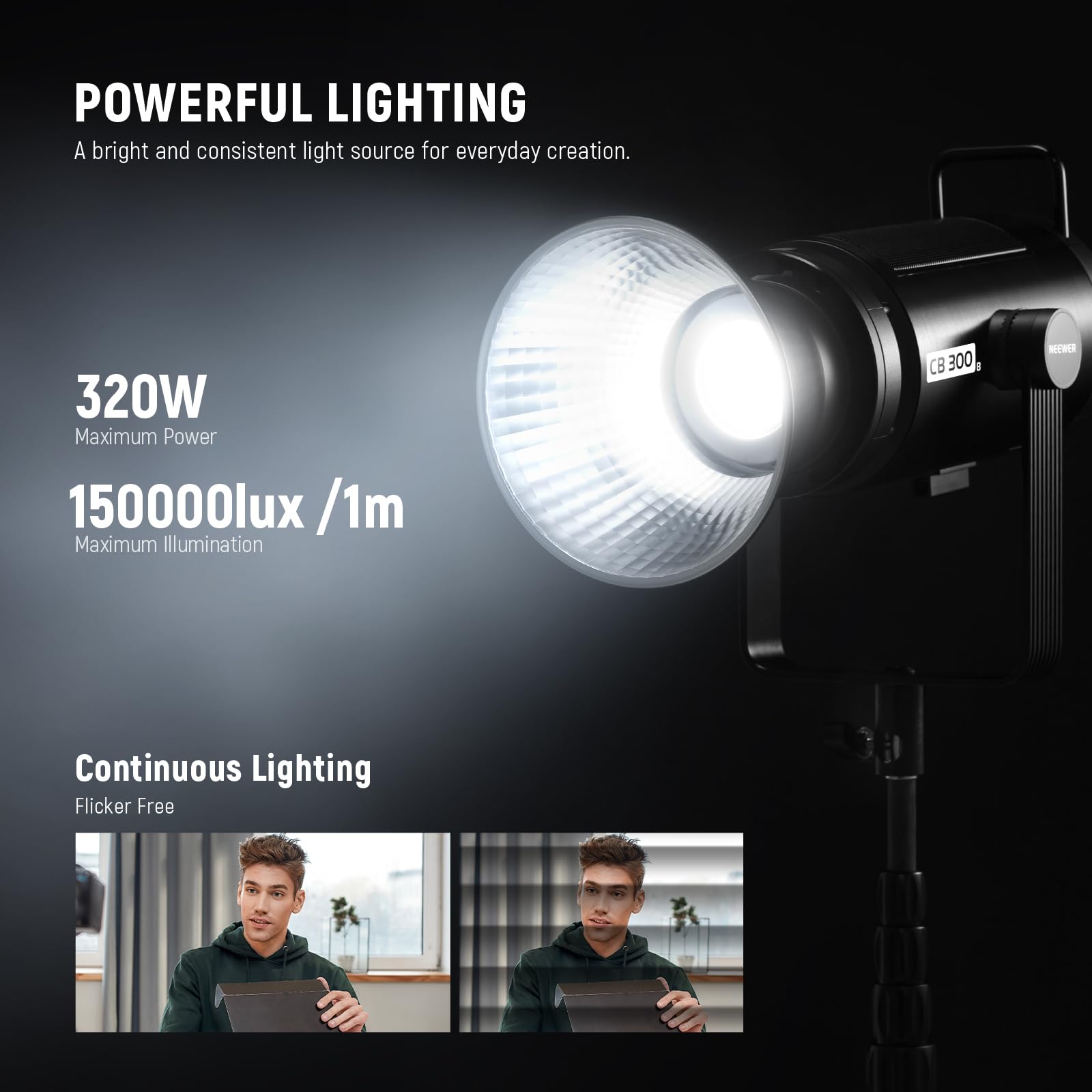 Neewer Cb300B 320W Led Video Light With 2.4G/App Remote Control, All Metal Bi Color Cob Continuous Output Lighting With Bowens M