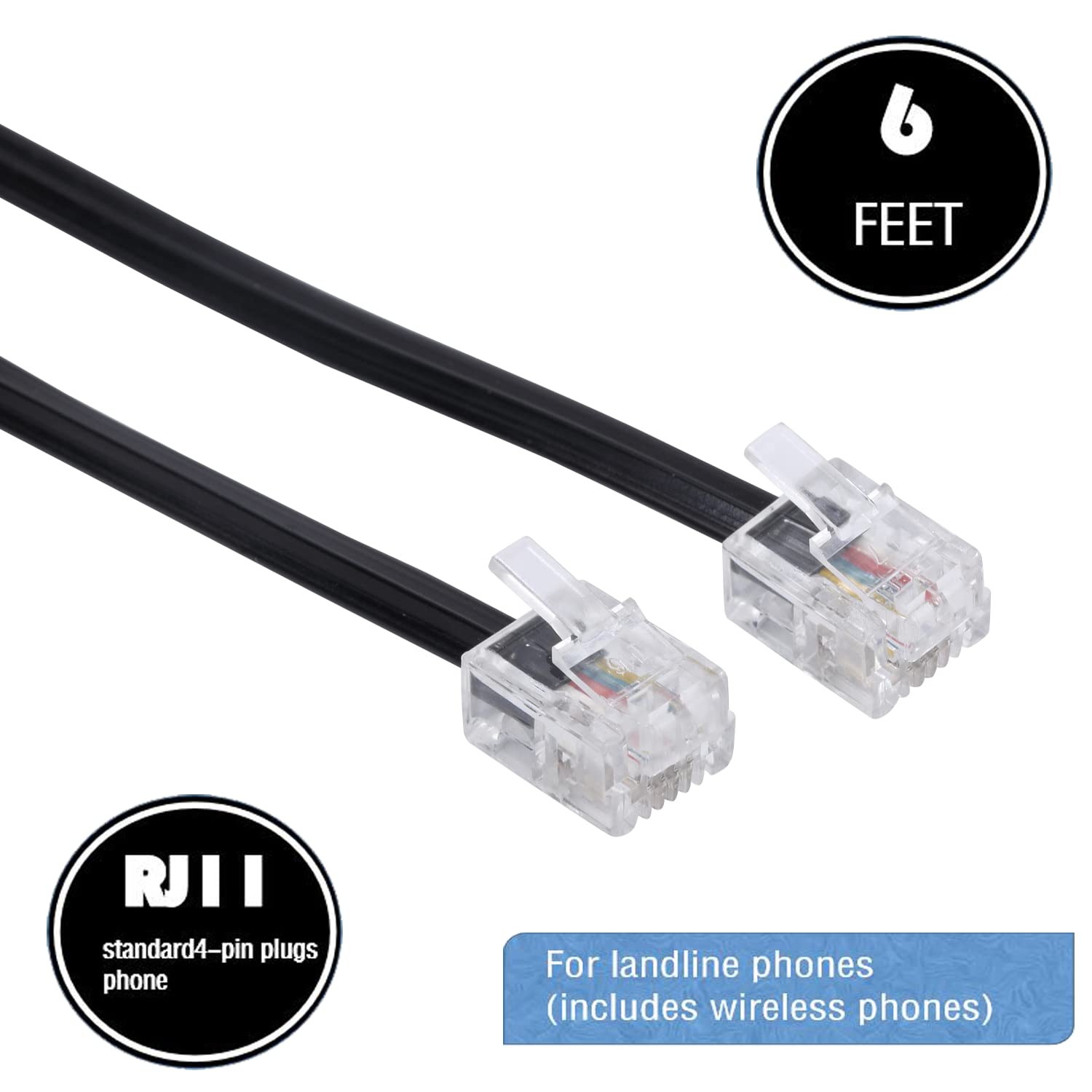 Lansensu Telephone Landline Extension Cord Cable Cord With Standard Rj 11 6P4C Plug (6Ft 3Pack Black, Black)