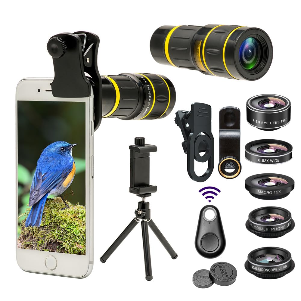 Godefa Cell Phone Camera Lens With Tripod+ Shutter Remote,6 In 1 18X Telephoto Zoom Lens/Wide Angle/Macro/Fisheye/Kaleidoscope/C