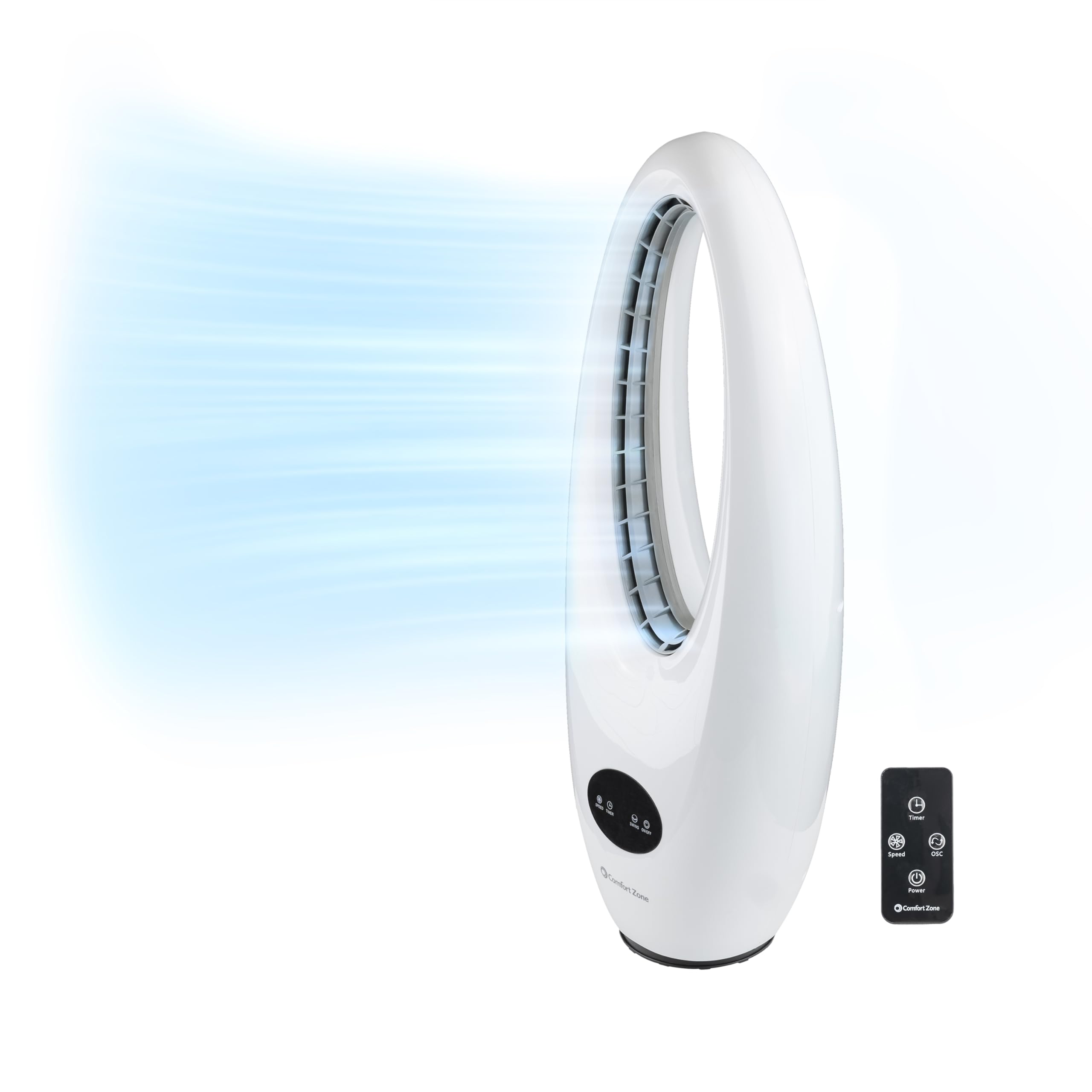 Comfort Zone 28-Inch Oscillating Bladeless Tower Fan with Remote Control, 3 Speeds, 70 Oscillation, Portable Tower Fan with 9-Ho