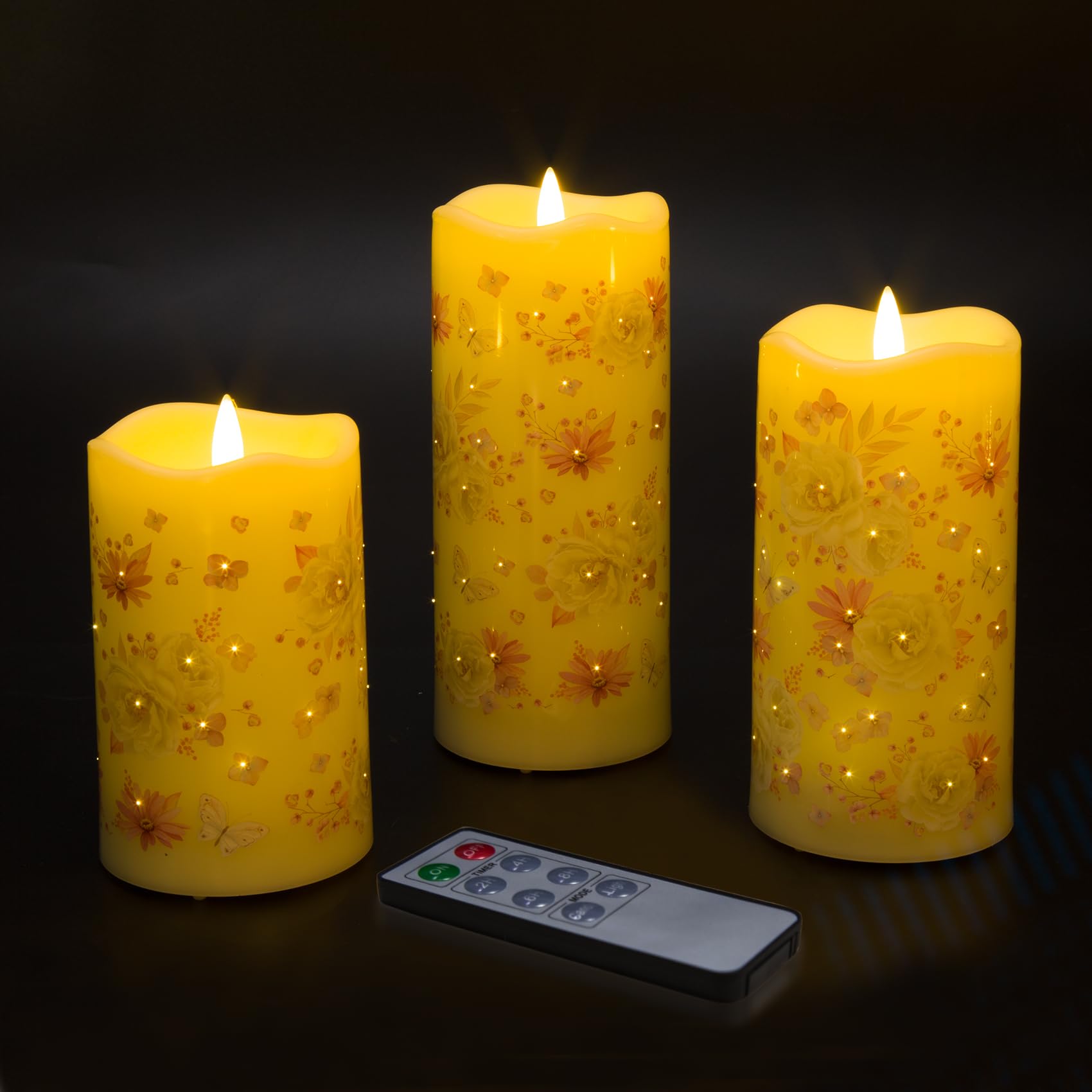Eywamage Fiber Optic Flameless Candles With Remote, Floral Candles Battery Operated, Flickering Led Pillar Candles Set Of 3