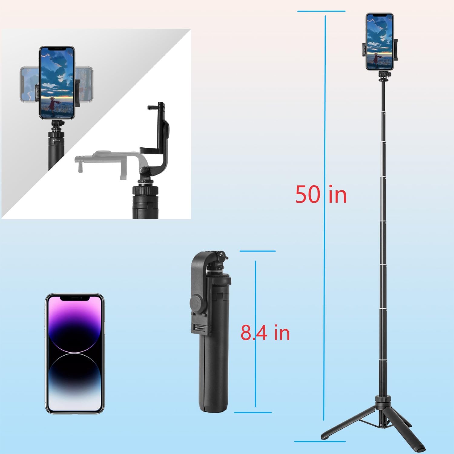 Tripod For Iphone & Camera, Portable Phone Tripod With Remote Control And Rotate Phone Stand, Selfie Stick For Iphone/Gopro And