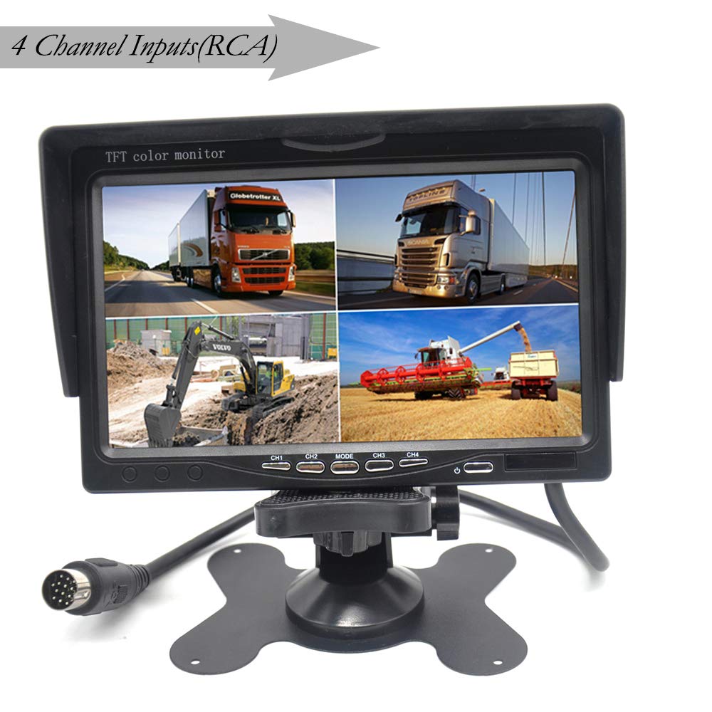 Padarsey 7'' Tft Lcd Car Rearview Quad Split Monitor,Remote Control, 4 Channels Rca Video Inputs(4 Pin Shockproof Connector)   1